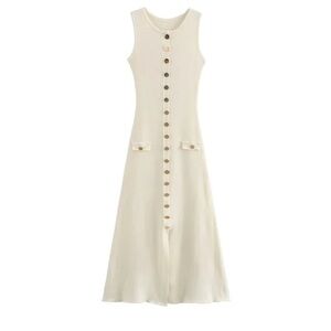 Sleeveless Cream Button-Front Maxi Dress
